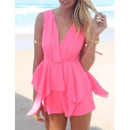 Attractive Sleeveless Deep V-Neck Playsuit in Asymmetric Hem Size:S-L