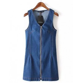 Preppy Deep V-Neck Zipper Front Sleeveless Dress in Slim Fit