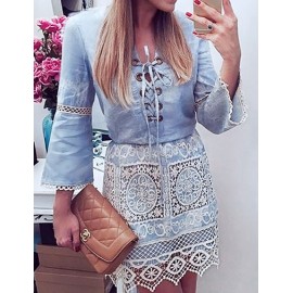 Ladylike Crocheted Lace Panel Denim Dress in Light Blue