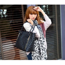 Black Retro Women Office Quilted Shoulder Tote Bag Handbag