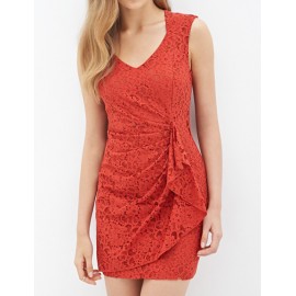 Elegant Wrinkle Trim V-Neck Sleeveless Lace Dress