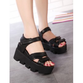 Korean Solid Color Platform Sandals with Mock-Strap Size:35-39