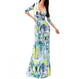 Dazzling Deep V-Neck Warp Long Length Dress with Belted Waist