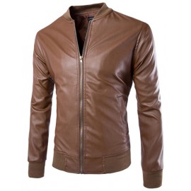 Classic Style Slim Fit Zipper PU Jacket