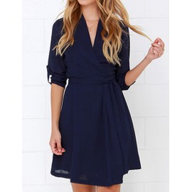 Exquisite Wrap Belted Flare Hem Slim Fit Dress