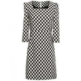 European Checked Printed Square Neck Bodycon Dress in Two Tone