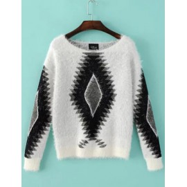 Dazzling Geometric Jacquard Boat Neck Sweater in Fur Size:S-M