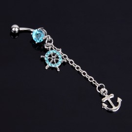 Navel Belly Button Ring Nautical Anchor Crystal Rhinestone Wheel Dangle Piercing 