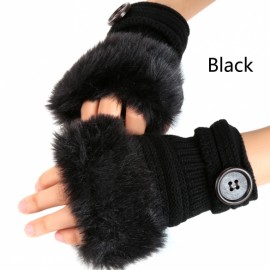 Fashion Winter Warm Women Button Faux Fur Knit Crochet Fingerless Gloves Wrist Hand Warmer