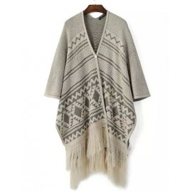 Chic Asymmetrical Tassel Jacquard Poncho with Single Button Size:S-M