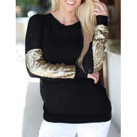 Glitter Sequin Trim Long Sleeve Black Tee with Crew Neck