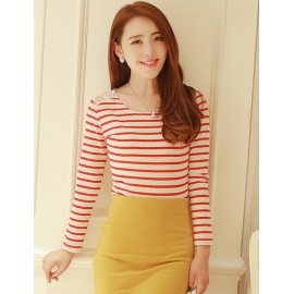 Fashion Contrast Stripe Tee with Lace Trim For Women