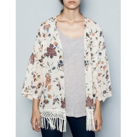 Mori Girl Floral Printed Tassel Hem Kimono with Wild Sleeve