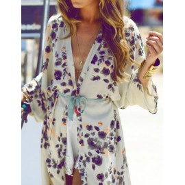 Graceful Flower Print Longline Cape Kimono Size:S-L