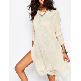 Trendy Split Longline Sweater in Fringed Hem