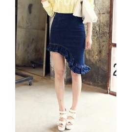 Chic Asymmetric Flouncing Edge Denim Bodycon Skirt Size:S-L