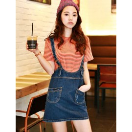 Ladylike Denim Suspender Skirt with Hand Pockets Size:S-L