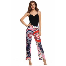 Ladies Women Elastic High Waist Print Stretch Casual Loose Full Length Straight Pants