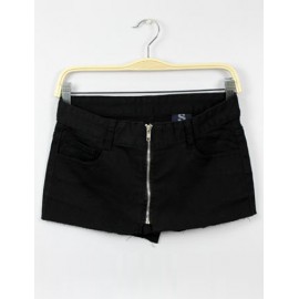 Simple Zip Closure Pure Color Denim Shorts with Double Plackets